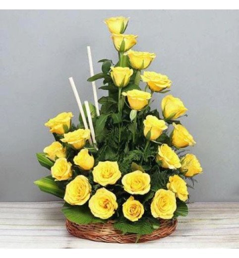 Sunrise Sweet Treat - A Basket Of Yellow Roses