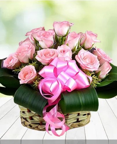 20 Pink Roses Basket