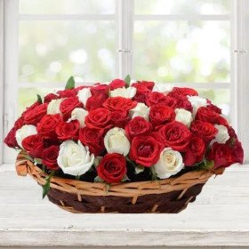 Unique Array of Red N White Roses in Oval Basket Unique Array of Red N White Roses in Oval Basket
