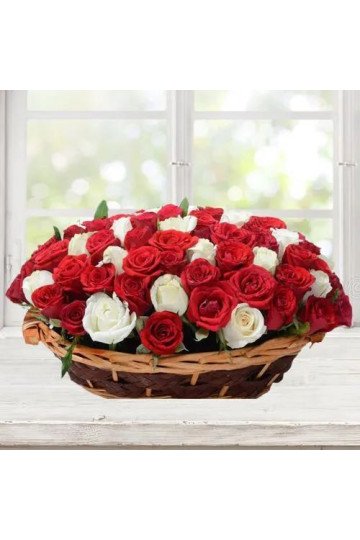 Unique Array of Red N White Roses in Oval Basket