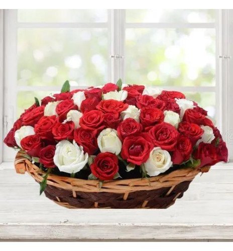 Unique Array of Red N White Roses in Oval Basket