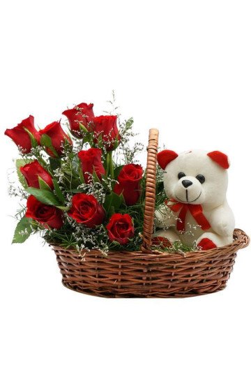 Cute Roses with Teddy Basket