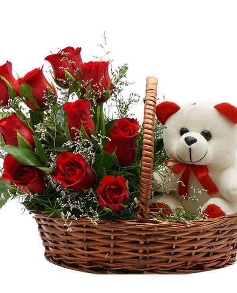 Cute Roses with Teddy Basket