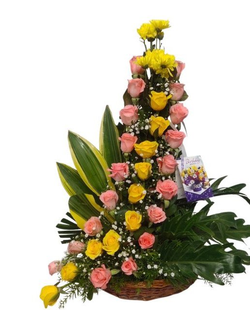 Pink and Yellow Roses Basket