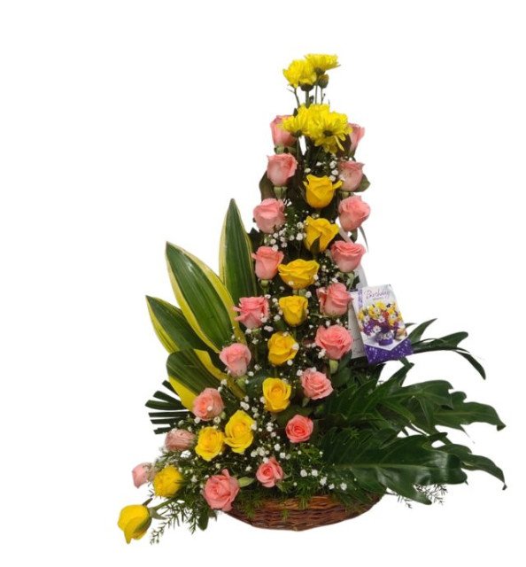 Pink and Yellow Roses Basket
