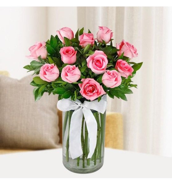 Magical Pink Roses - 12 Roses With Vase
