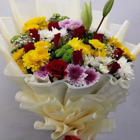 Floral Harmony – Mixed Flowers Hand Bouquet in Korean Wrap