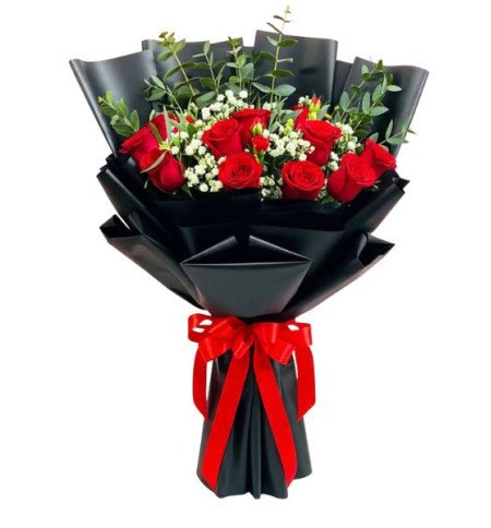 Red Roses Bouquet Black Korean Paper