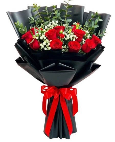 Red Roses Bouquet Black Korean Paper